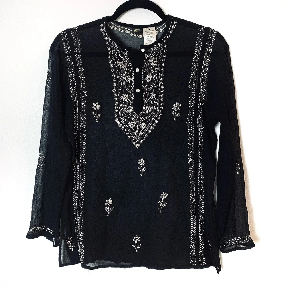 Bila Black SHEER Blouse Medium Embroidered Sequins Whimsigoth Witchy Boho Fairy
